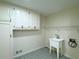 Laundry room featuring blue patterned floors, sink, and upper cabinets at 3340 Zingara Rd, Conyers, GA 30012