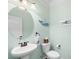 Charming half-bathroom with a pedestal sink, round mirror, and coastal decor at 496 Spring View Dr, Woodstock, GA 30188