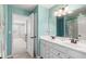 Bright teal bathroom with double vanity and colorful accents, connecting to bedroom at 496 Spring View Dr, Woodstock, GA 30188