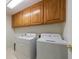 Functional laundry room with wooden cabinets above the washer and dryer at 1730 Point Pleasant Se, Smyrna, GA 30080