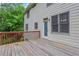 Spacious wooden deck with red railings providing a relaxing outdoor space and access to backyard through a back door at 5435 Vicarage Walk, Alpharetta, GA 30005