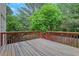 View of the wood deck with its red railings overlooking a serene backyard setting with beautiful surrounding trees at 5435 Vicarage Walk, Alpharetta, GA 30005