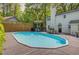 Backyard pool and outdoor dining with white brick home and chimney, ideal for entertaining or relaxing by the water at 1615 Arden Sw Dr, Marietta, GA 30008