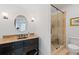 Elegant bathroom featuring granite countertop, copper sink, and glass shower at 11660 Crabapple Rd, Roswell, GA 30075