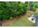 A lush backyard with stone steps, a fire pit, blue chairs, and surrounding landscaping at 155 Marlow Dr, Woodstock, GA 30188