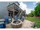 Inviting backyard patio with a stone fire pit and comfortable blue Adirondack chairs, perfect for outdoor gatherings at 155 Marlow Dr, Woodstock, GA 30188