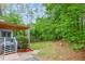Backyard with a covered deck/patio, lush lawn, and mature trees offering serene privacy at 529 Wintergreen Way, Canton, GA 30115