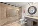 Bathroom with glass shower, tile work, vanity and modern fixtures at 146 Cedar Woods Trl, Canton, GA 30114