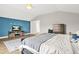 Bedroom features a blue accent wall, a TV console, and a light gray rug beneath the bed at 1436 Belmont Ave, Smyrna, GA 30080