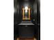 Chic powder room with black walls, an ornate mirror, and modern fixtures at 11542 Serenbe Ln, Chattahoochee Hills, GA 30268