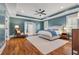 A primary bedroom featuring blue walls, white trim, wood flooring, and neutral furnishings at 686 Amsterdam Ne Ave, Atlanta, GA 30306