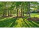Beautiful, expansive backyard featuring a lush lawn, mature trees, and a charming wooden swing set at 9889 Between The Grns, Villa Rica, GA 30180