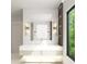 Bright bathroom features dual vanities, statement lighting, a large window and built in storage at 260 Mayfield Rd, Alpharetta, GA 30009