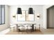 Minimalist dining room featuring a round table with modern chairs, striking pendant lights, and abstract artwork at 260 Mayfield Rd, Alpharetta, GA 30009