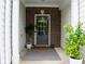 Inviting front porch area, enhanced by a rug, potted plants, and brick details at 302 Braswell Ct, Woodstock, GA 30188