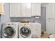 Laundry room featuring a stainless steel washer and dryer and white storage cabinets at 3052 Fleet Sw St, Marietta, GA 30064