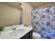 Bathroom featuring a single sink vanity, standard toilet, and a floral-themed shower curtain at 157 Oliver Dr, Locust Grove, GA 30248