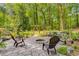 Inviting backyard stone patio featuring a fire pit and surrounded by lush landscaping and mature trees at 173 Price Rd, Brooks, GA 30205