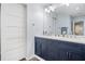 Well-lit bathroom featuring a dual sink vanity with blue cabinets and modern fixtures at 4365 Dover Crossing Dr, Marietta, GA 30066