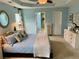 Light-filled main bedroom with blue walls, ceiling fan, and ensuite bathroom at 323 Dewpoint Ct # 35, Marietta, GA 30064