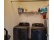 Well-lit laundry room featuring sleek, modern washer and dryer units with shelving at 1117 Balvaird Dr, Lawrenceville, GA 30045