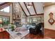 Living room with vaulted ceilings, stone fireplace, and an area rug on hardwood floors at 375 Spindle Ct, Sandy Springs, GA 30350