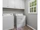 Functional laundry room with white cabinets, updated washer and dryer, and a bright window at 4524 Shumart Dr, Snellville, GA 30039