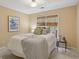 Comfortable bedroom featuring tan colored walls, a decorative painting and many pillows on a plush bed at 230 Bluff Oak Dr, Roswell, GA 30076