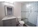 Renovated bathroom with a shower, glass enclosure, and sleek gray vanity and decor at 93 Richmond Way, Villa Rica, GA 30180