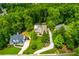 Stunning aerial view of a beautifully landscaped home nestled among lush green trees in a serene setting at 5045 Huntwood Way, Roswell, GA 30075