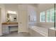 Bathroom features granite countertops, a makeup vanity, soaking tub, and shuttered window at 5045 Huntwood Way, Roswell, GA 30075
