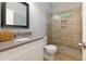 Beautiful bathroom featuring a modern vanity with a stone countertop, a toilet, and glass shower at 5045 Huntwood Way, Roswell, GA 30075