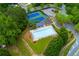 Aerial view of a community pool with lounge chairs and a tennis court surrounded by lush greenery at 5045 Huntwood Way, Roswell, GA 30075