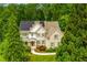 Elegant two-story home with solar panels, a manicured lawn, and lush landscaping creating a welcoming facade at 5045 Huntwood Way, Roswell, GA 30075