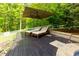 Outdoor lounge area with chairs, an umbrella and a view of the backyard at 5045 Huntwood Way, Roswell, GA 30075
