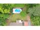 Aerial view of a backyard with a pool, deck, and carport at 320 Williamsburg Cir, Mcdonough, GA 30253