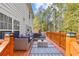 Inviting outdoor deck featuring a cozy seating area, stylish rug, and wooded views, perfect for relaxation at 5885 Raventree Ct, South Fulton, GA 30349