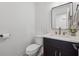 Elegant powder room with a dark vanity, modern mirror, and contemporary fixtures at 1275 Mayfield Rd, Alpharetta, GA 30009