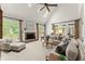 Bright living room with a stone fireplace, vaulted ceilings, and large windows at 725 Danbridge Way, Roswell, GA 30076
