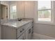 Bathroom featuring granite countertops, grey cabinets, vanity, and a window at 6861 Ga Hwy 5, Douglasville, GA 30135