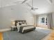Comfortable main bedroom with a vaulted ceiling, a plush rug, and soft, natural lighting at 230 Pebble Trl, Alpharetta, GA 30009
