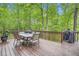 Spacious wooden deck with an outdoor dining set and scenic views of the lush greenery and surrounding landscape at 5419 Tyree Rd, Winston, GA 30187