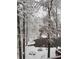 Snowy winter landscape featuring a partially frozen pond surrounded by snow-covered trees at 5419 Tyree Rd, Winston, GA 30187