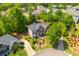 Aerial view of a beautiful brick home with landscaped front yard, circular driveway, and lush greenery at 7048 Bennington Ln, Cumming, GA 30041