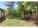 View of the backyard featuring a lush lawn, a wooden fence and green trees at 2265 Venture Dr, Marietta, GA 30062