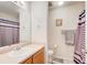 Well-lit bathroom featuring a single sink vanity, toilet, and shower with stylish curtains at 10892 Big Sky Dr, Hampton, GA 30228