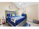Bedroom features vaulted ceilings, gray furniture, and a blue comforter at 100 Lantana Dr, Locust Grove, GA 30248