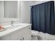 Modern bathroom featuring a stylish vanity, toilet, and a shower with a blue textured curtain at 1076 Green St, Roswell, GA 30075
