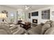Bright living room with a fireplace, ceiling fan, and comfortable seating arrangement at 5920 Hart Way, Cumming, GA 30028