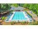 Aerial view of a community pool with a separate playground area, surrounded by mature trees and well-maintained landscaping at 2534 Grayton Loop, Villa Rica, GA 30180